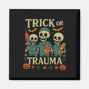 Spooky Trick Or Trauma Skeleton Pumpkin Halloween Magnet