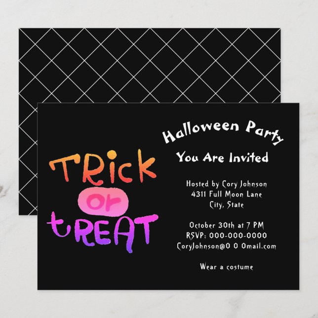 Spooky Trick or Treat Black White Halloween Party Invitation (Front/Back)