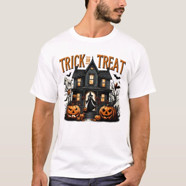 Spooky trick or treat night at a haunted house T-Shirt (Front)