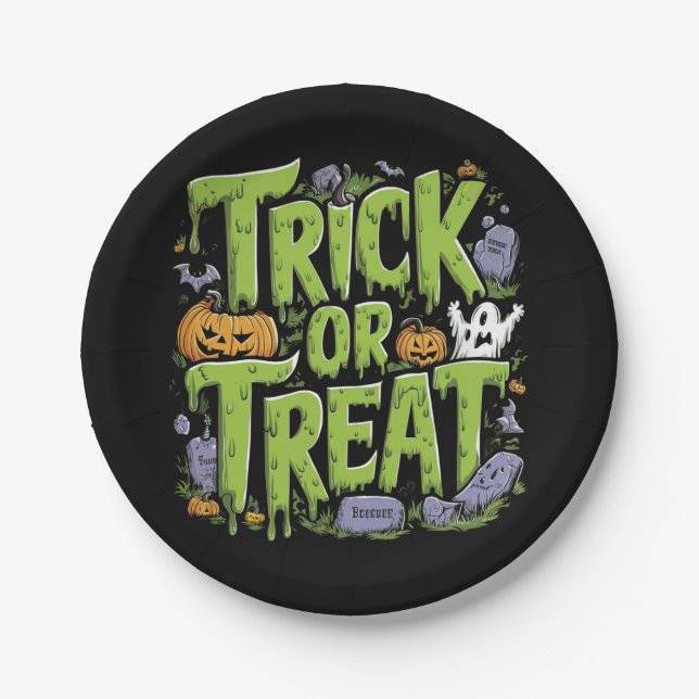 Spooky Trick or Treat Slime Halloween  Paper Plate (Front)