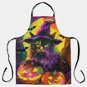 Spooky Turkish Angora Cat Halloween Witch Pumpkin Apron