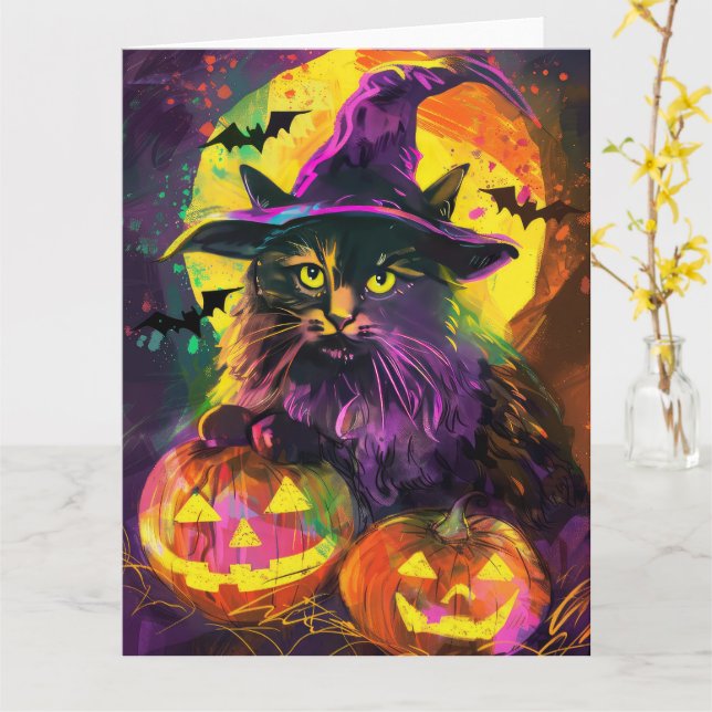 Spooky Turkish Angora Cat Halloween Witch Pumpkin Card (Yellow Flower)