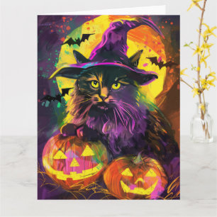 Spooky Turkish Angora Cat Halloween Witch Pumpkin Card