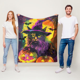 Spooky Turkish Angora Cat Halloween Witch Pumpkin Fleece Blanket