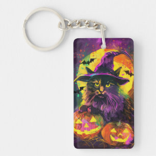 Spooky Turkish Angora Cat Halloween Witch Pumpkin Key Ring