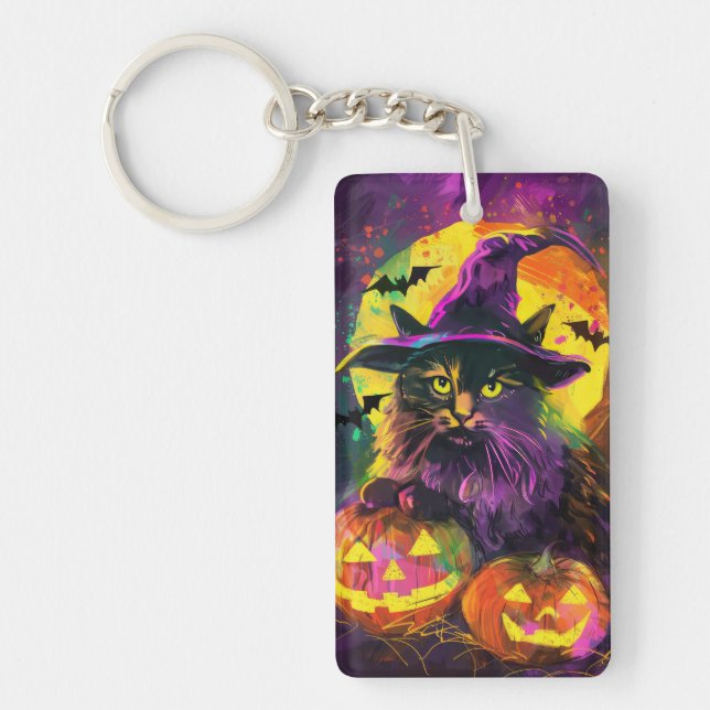 Spooky Turkish Angora Cat Halloween Witch Pumpkin Key Ring (Front)