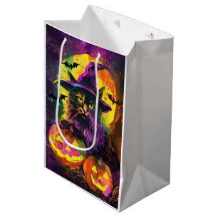 Spooky Turkish Angora Cat Halloween Witch Pumpkin Medium Gift Bag