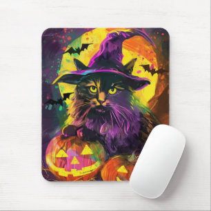 Spooky Turkish Angora Cat Halloween Witch Pumpkin Mouse Mat