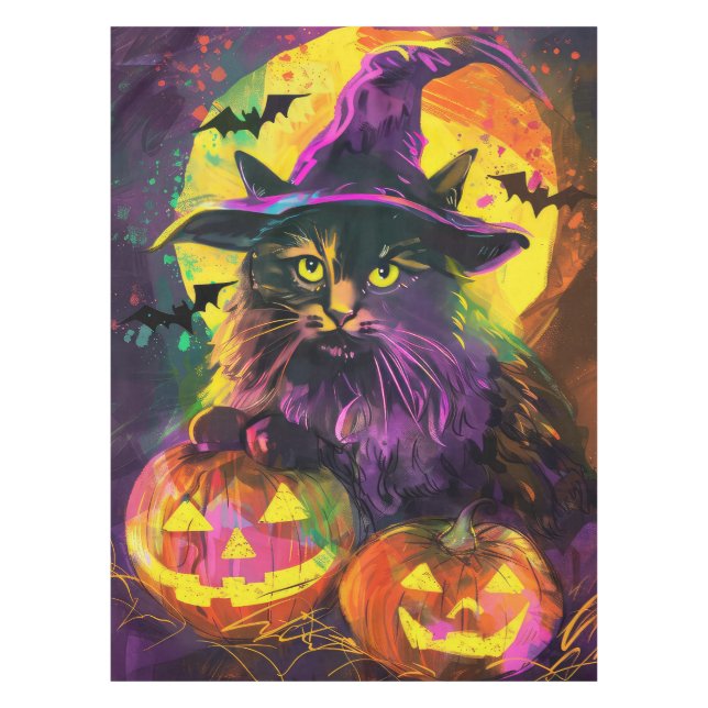 Spooky Turkish Angora Cat Halloween Witch Pumpkin Tablecloth (Front)
