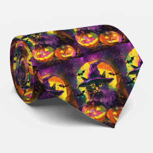 Spooky Turkish Angora Cat Halloween Witch Pumpkin Tie