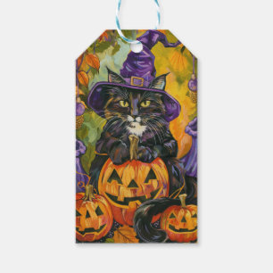 Spooky Tuxedo Cat Halloween Witch And Pumpkin Gift Tags
