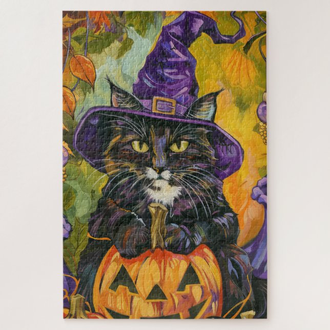 Spooky Tuxedo Cat Halloween Witch And Pumpkin Jigsaw Puzzle (Vertical)