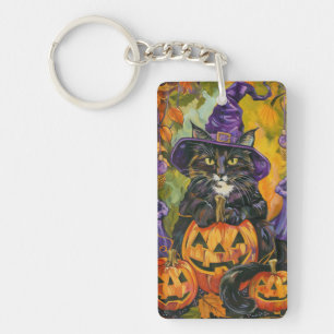 Spooky Tuxedo Cat Halloween Witch And Pumpkin Key Ring