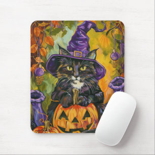 Spooky Tuxedo Cat Halloween Witch And Pumpkin Mouse Mat