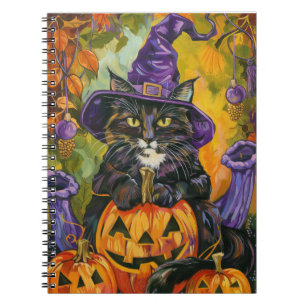 Spooky Tuxedo Cat Halloween Witch And Pumpkin Notebook