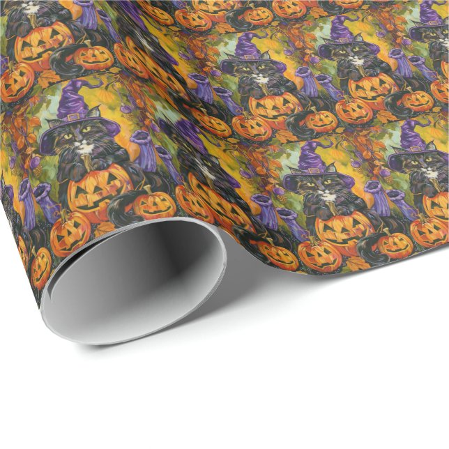 Spooky Tuxedo Cat Halloween Witch And Pumpkin Wrapping Paper (Roll Corner)