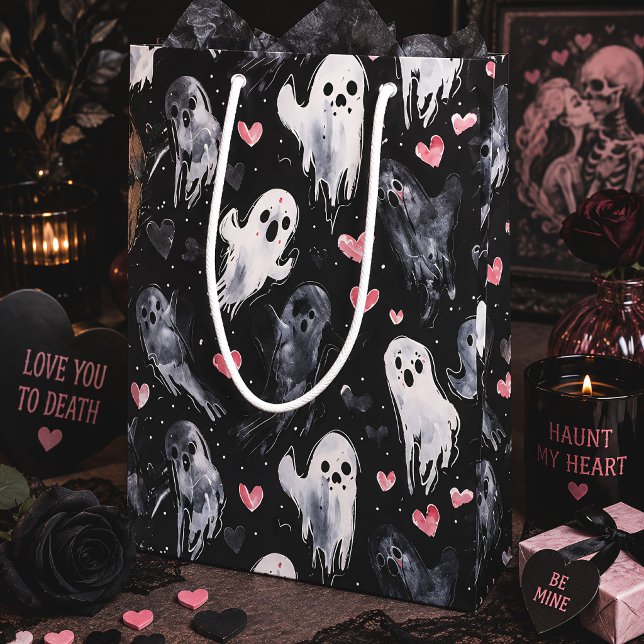 Spooky Valentine Ghosts & Pink Hearts Gothic Medium Gift Bag (Creator Uploaded)
