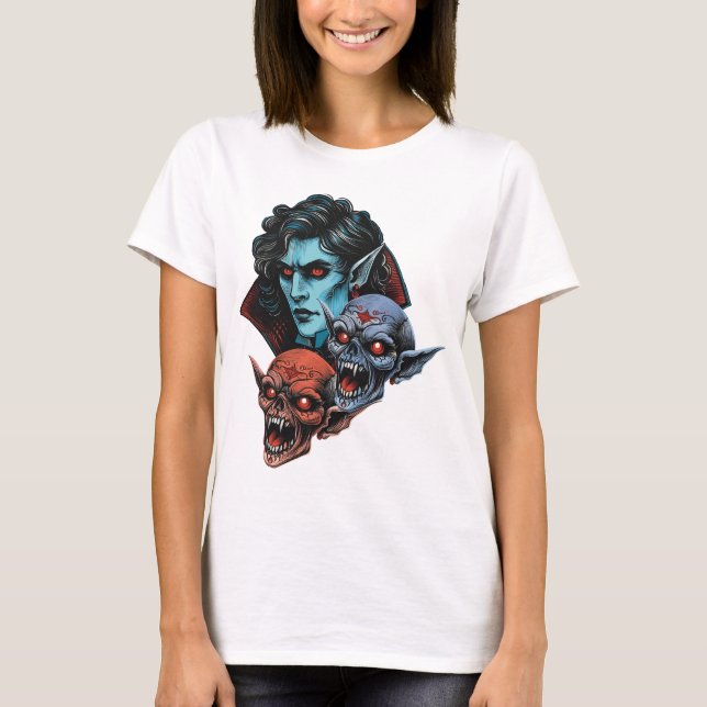 Spooky Vampire and Monster Skulls Halloween Design T-Shirt (Front)