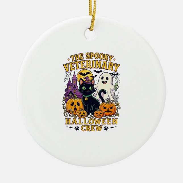 Spooky Veterinary Halloween Crew Black Cat Ghost P Ceramic Tree Decoration (Front)