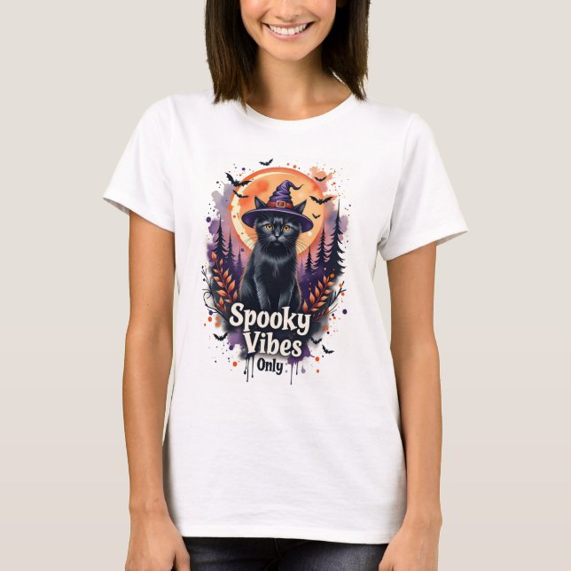 Spooky Vibes Black Cat Halloween T-Shirt for Women (Front)