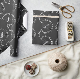 Spooky Vibes Black White Happy Halloween Pattern Wrapping Paper