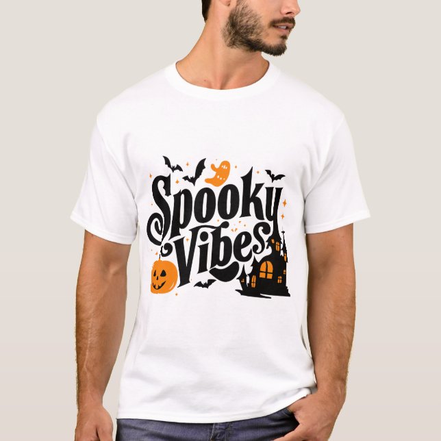 Spooky Vibes Cute Ghost Pumpkin Haunted House Art T-Shirt (Front)