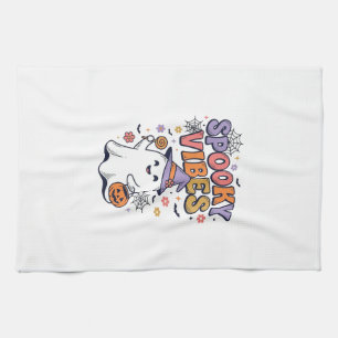 Spooky Vibes Cute Ghost Vintage Halloween Design_1 Tea Towel