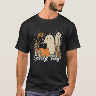Spooky Vibes Floral Ghost Halloween Pumpkin Black T-Shirt