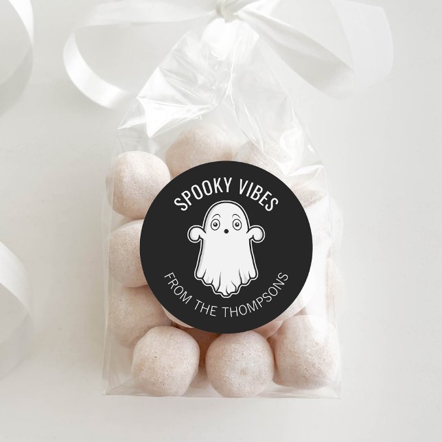 Spooky Vibes Ghost Halloween Black And White Classic Round Sticker (Ideal for decorating Halloween gifts and party favors, for example.)