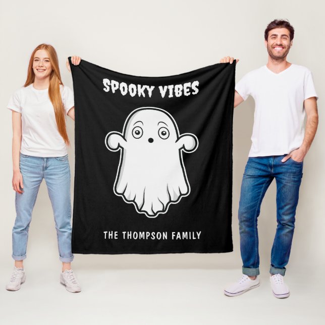 Spooky Vibes Ghost Halloween Black And White Fleece Blanket (In Situ)