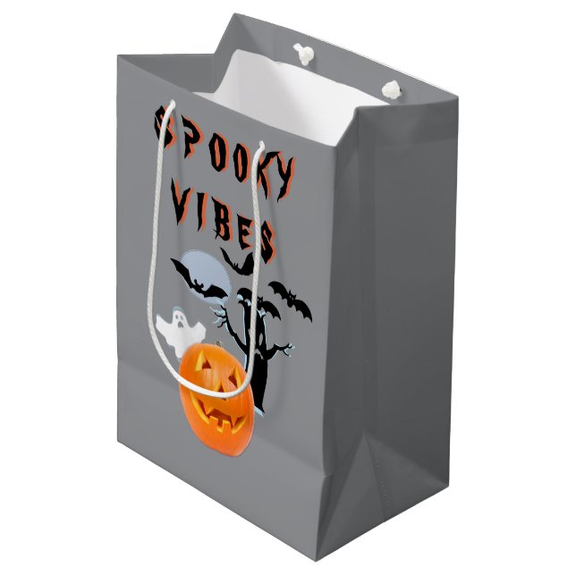 Spooky Vibes Ghost Pumpkin Halloween Design Medium Gift Bag (Front Angled)