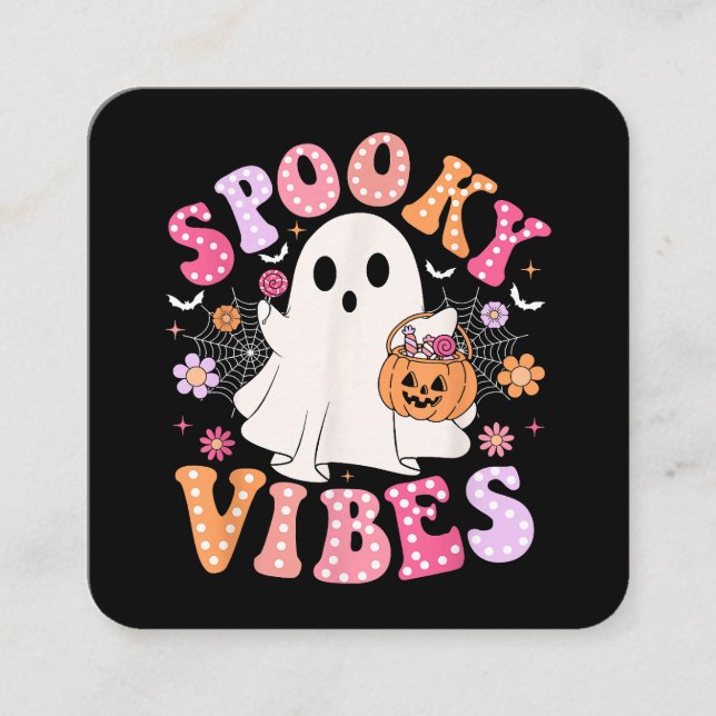 Spooky Vibes Ghost Retro Groovy Halloween Square Business Card (Front)