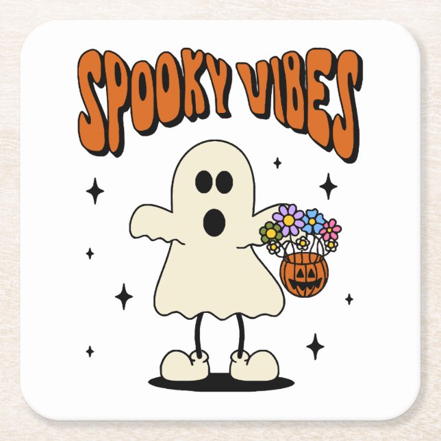 Spooky vibes ghost square paper coaster (Front)