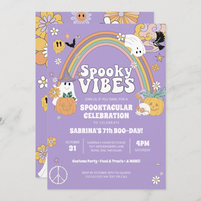 Spooky Vibes Groovy Ghost Hippe Halloween Birthday Invitation (Front/Back)