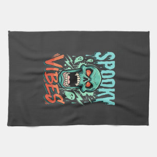 Spooky Vibes Halloween Ghost Skull Design_1 Tea Towel