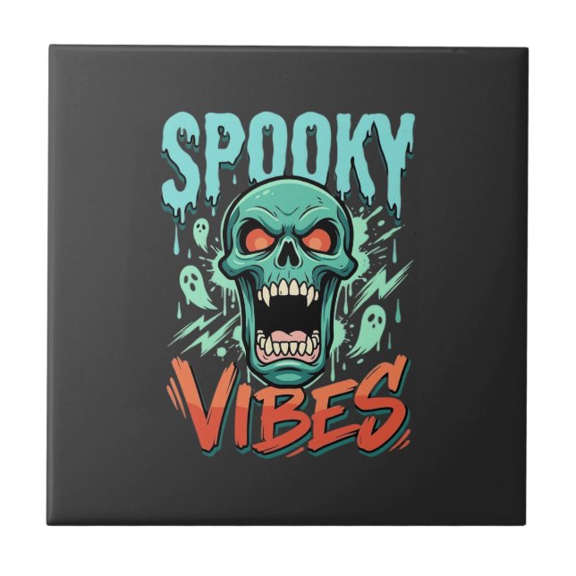 Spooky Vibes Halloween Ghost Skull Design_1 Tile (Front)
