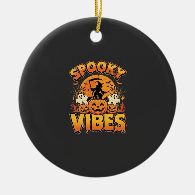 Spooky Vibes Halloween Pumpkin Witch Design_1 Ceramic Tree Decoration (Front)