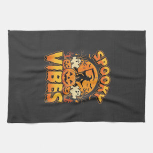 Spooky Vibes Halloween Pumpkin Witch Design_1 Tea Towel