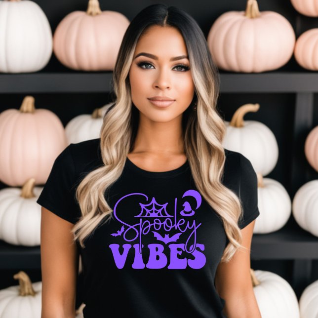 Spooky Vibes Halloween T-Shirt (Halloween T-shirt with the text Spooky Vibes in purple text.)