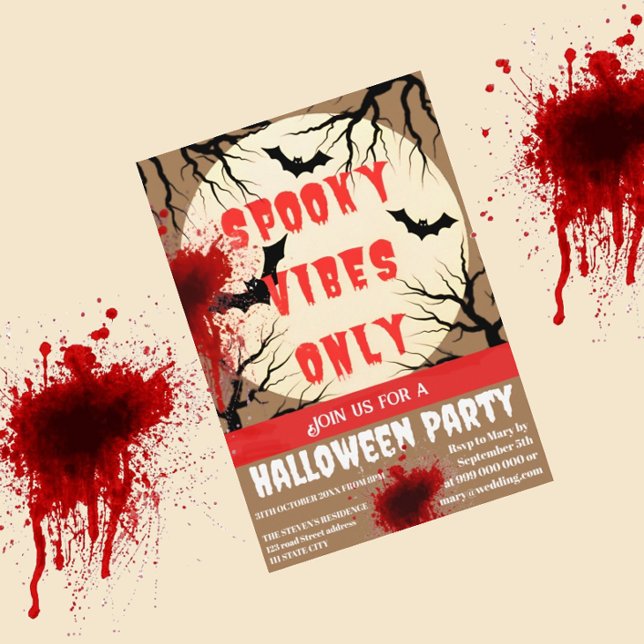 Spooky Vibes Only Halloween Bat and Blood Splatter Invitation (Creator Uploaded)