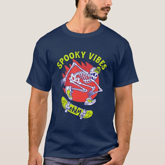 Spooky Vibes Only Skateboarding Skeleton Halloween T-Shirt (Front)