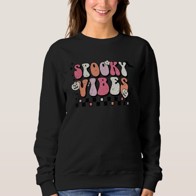 Spooky Vibes Pumpkin Chequered Pattern Vintage Hal Sweatshirt (Front)