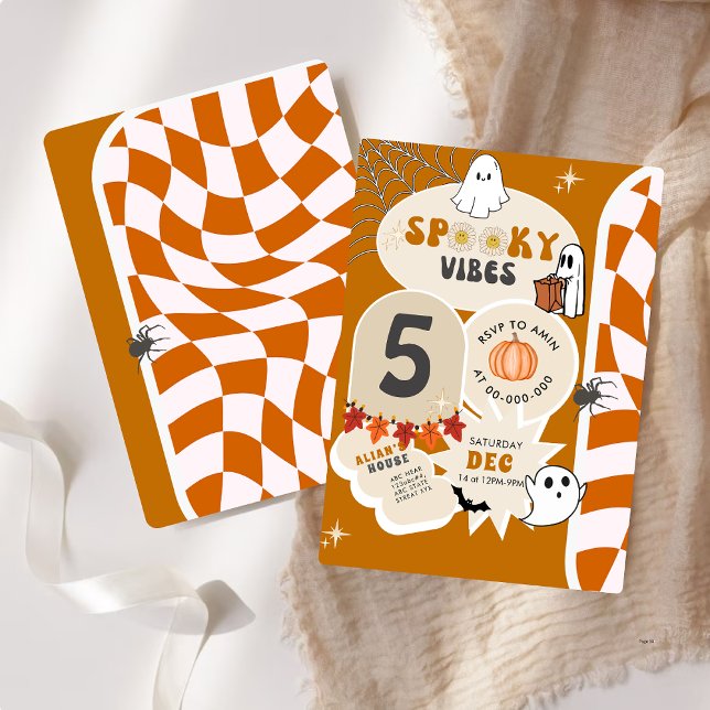 Spooky Vibes Retro Chequered Halloween Birthday Invitation (Creator Uploaded)
