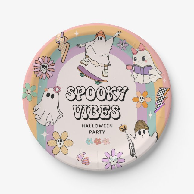 Spooky Vibes Retro Fun Halloween Party  Paper Plate (Front)