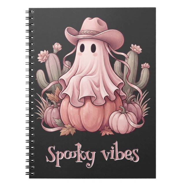 Spooky Vibes Western Desert Ghost & Pink Pumpkins Notebook (Front)