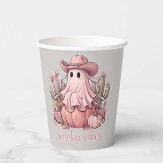 Spooky Vibes Western Desert Ghost & Pink Pumpkins Paper Cups