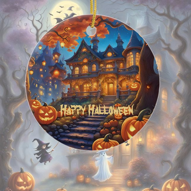Spooky villa in the forest, pumpkins, Halloween Ceramic Tree Decoration (Creator Uploaded)