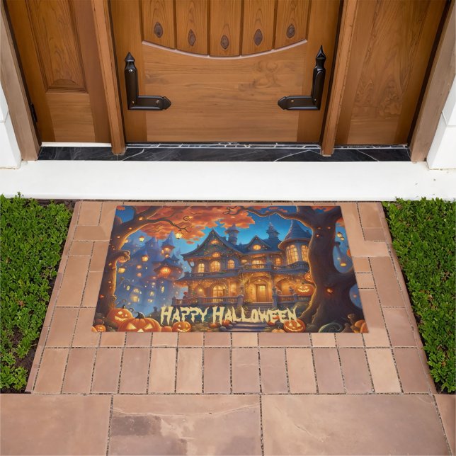 Spooky villa in the forest, pumpkins, Halloween Doormat (Outdoor)