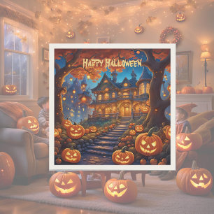 Spooky villa in the forest, pumpkins, Halloween Napkin