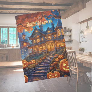 Spooky villa in the forest, pumpkins, Halloween Tea Towel
